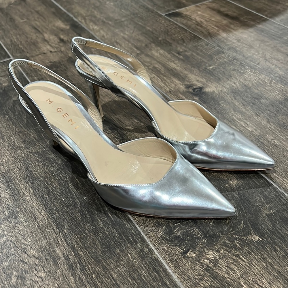 M.Gemi silver slingback heels, size 38.5 (size 8)! 3 inch heel.